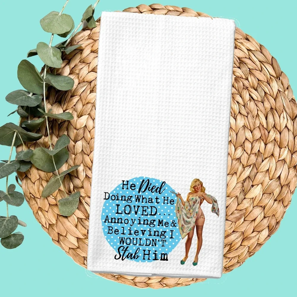 Funny Retro Pinup Waffle Weave Kitchen Towel White Blue Polka Dot Snarky Decor